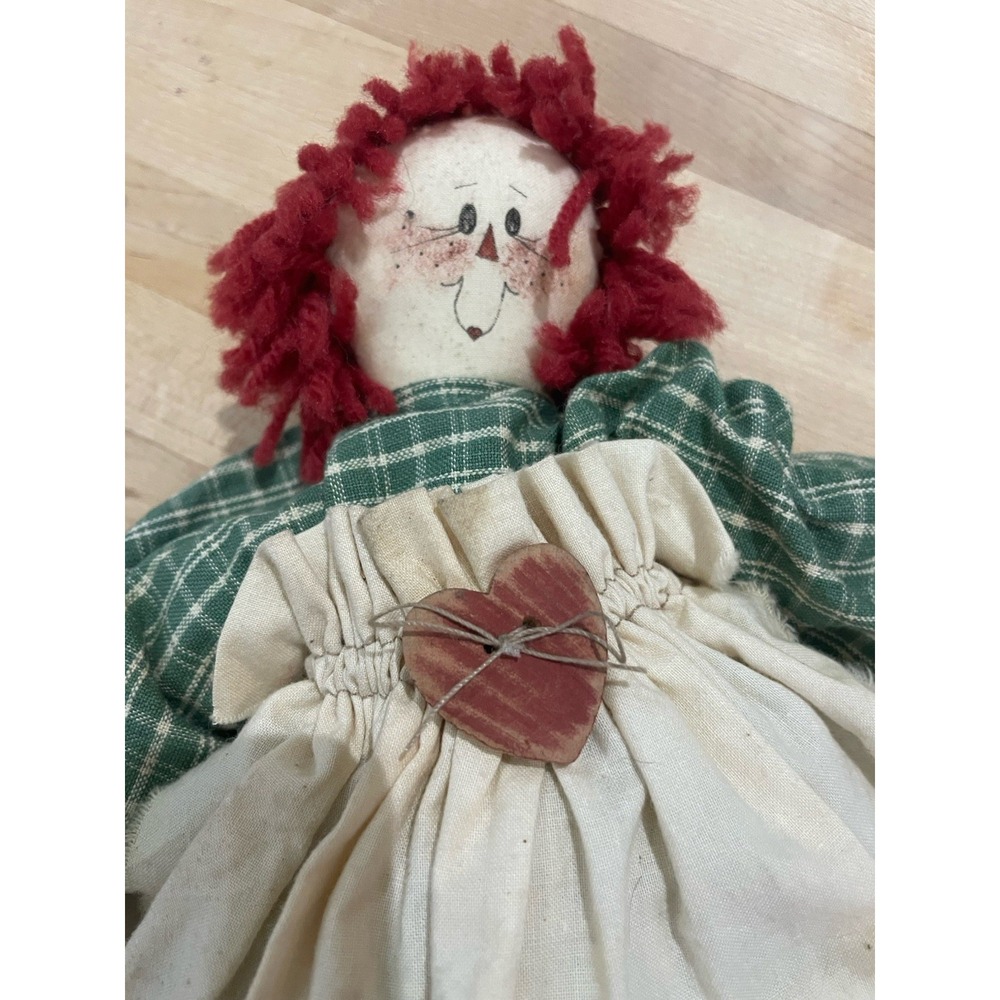 Vtg 90s Anne + Andy 15 " Raggedy Ann Handpainted Primitive Doll Green Dress Sign